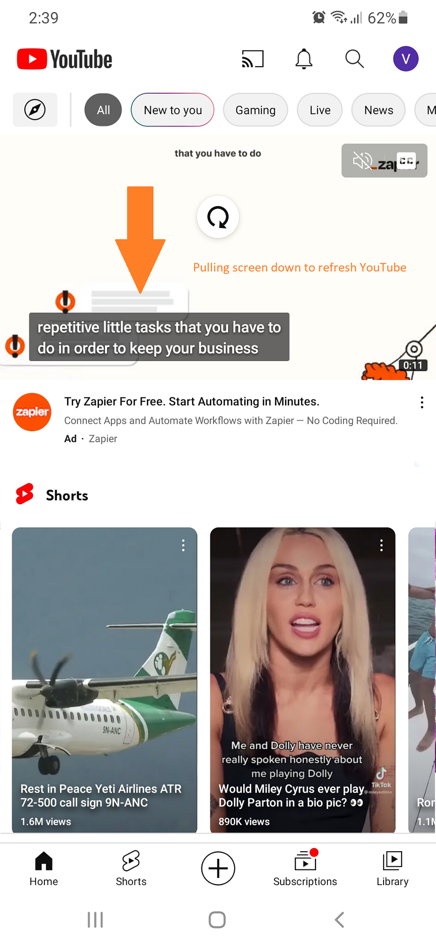 Pulling screen down to refresh YouTube app